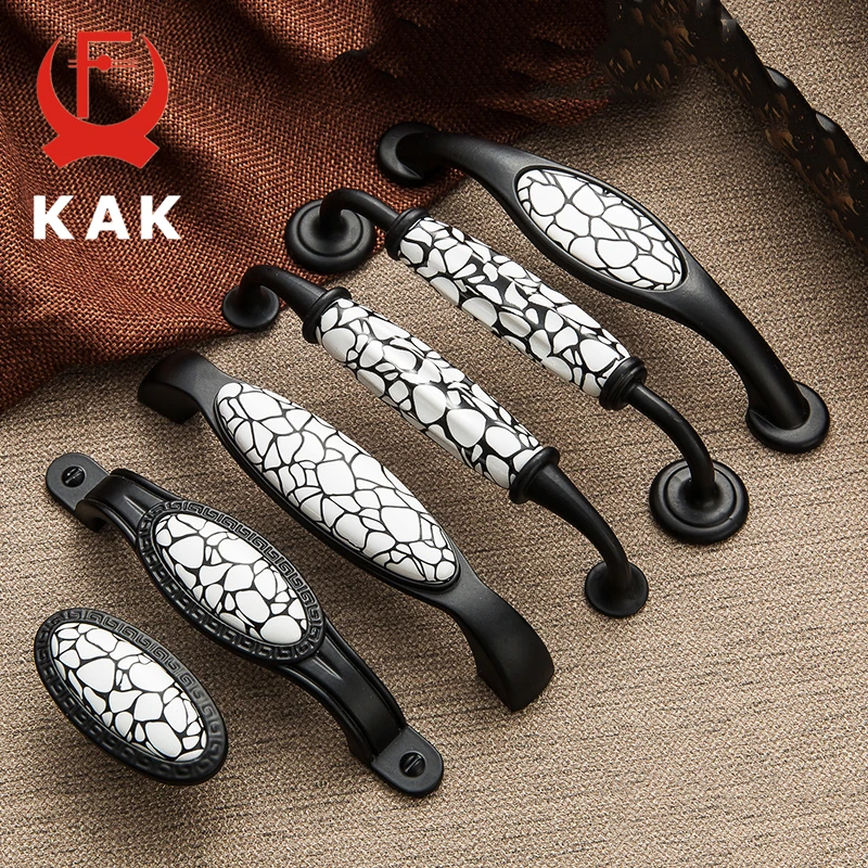 KAK Black Emboss Wardrobe Door Handles Marble Ceramic Cabinet Handles Drawer Knobs American Style Furniture Hardware Pulls