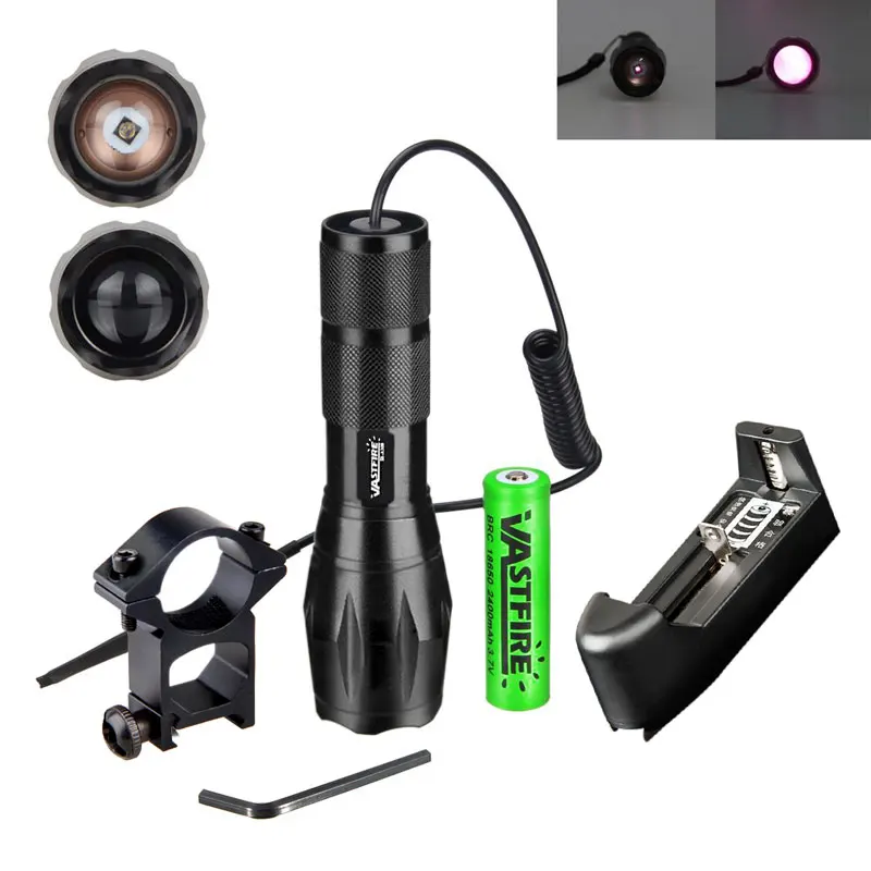 

Tactical IR Led Hunting Light Zoomable 10W 940nm Infrared Radiation Night Vision Flashlight+20mm Rail Scope Mount+18650+Charger