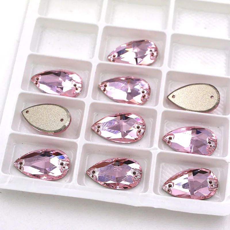 New High quality Flatback glass crystal double hole sew on rhinestones Teardrop shape Pink rhinestones diy clothing accessories