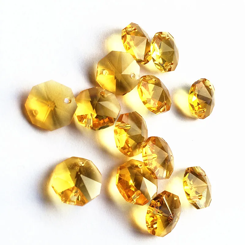 Top Quality 100pcs Gold 14mm Crystal Octagon Beads Chandelier Accessories in Two holes (Free Ring) Diy Glass Stone Curtain Parts