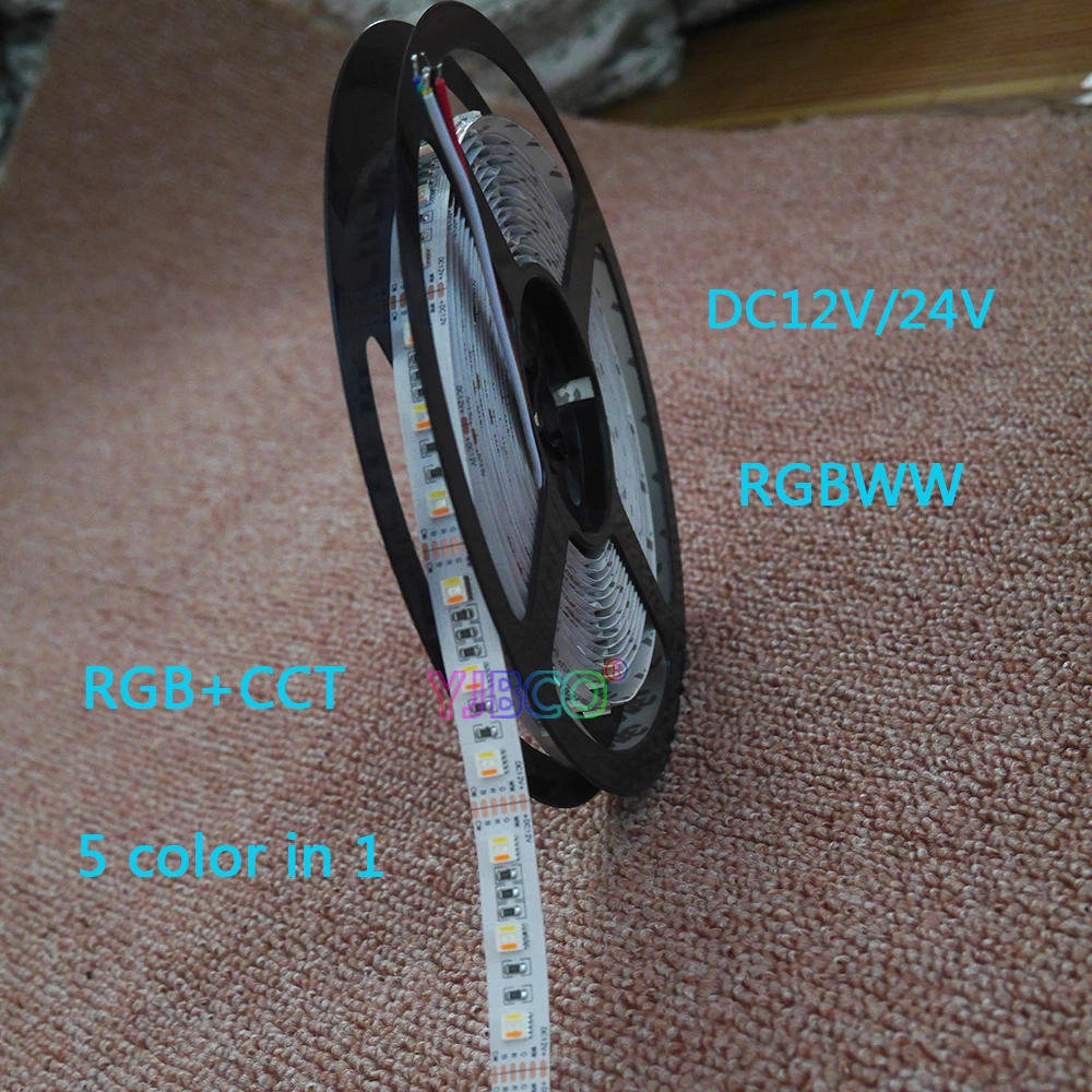 5M DC12V 24V RGBWW 5 Color in 1 LED Chip LED Strip SMD 5050 Flexible Light RGB+CCT Cool White&Warm White 60LEDs/M IP30 IP67