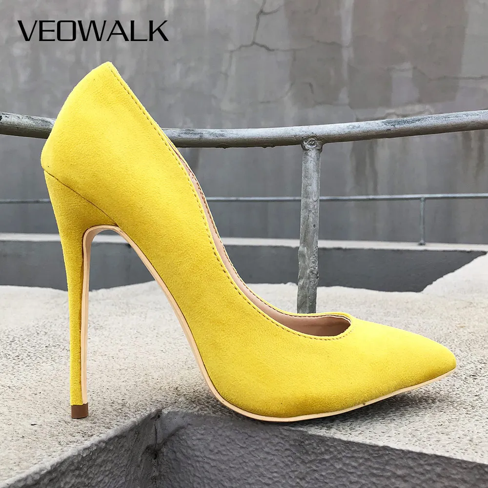 Veowalk Spicy Mustard Women Sexy Pointed Toe Stiletto High Heels Elegant Ladies Designer Flock Party Pumps Shoes 8/10/12cm