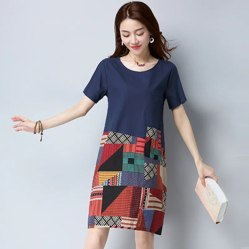 

2019 New Women Summer Dress Casual Loose Cotton Linen Dresses Female Short Sleeve Patchwork Dress Vestidos Robes Plus Size SE506