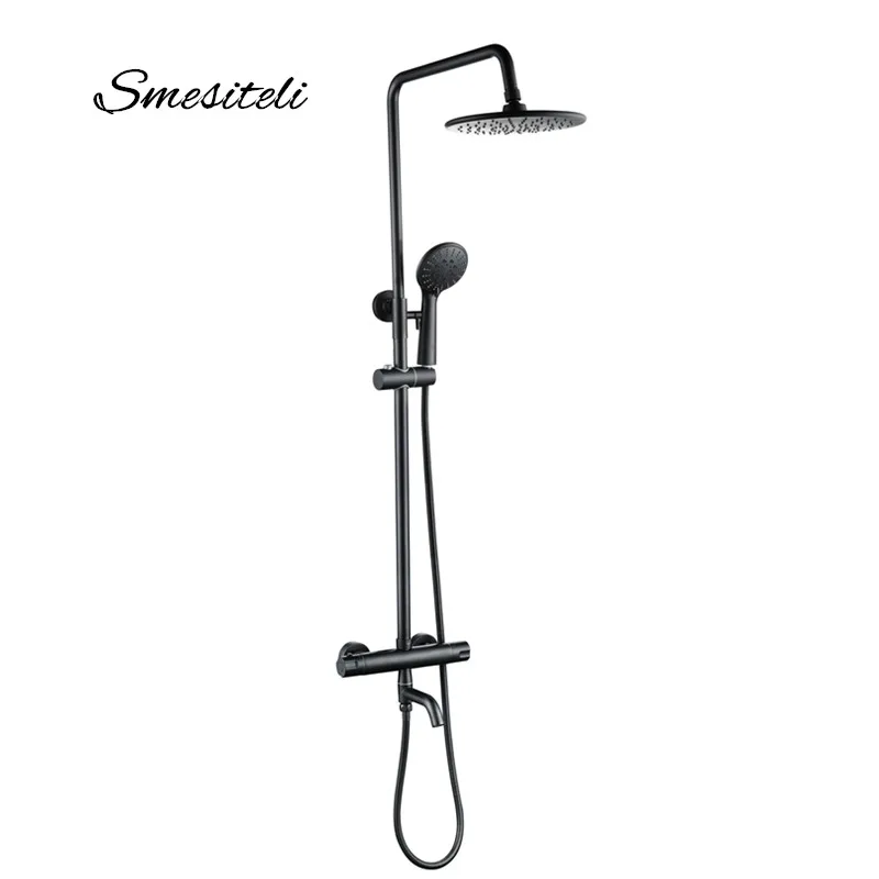 Smesiteli Matte Black Bathroom Faucet Shower 3 way Thermostatic Twin Head Set 8 inch Round Style Rainfall Handheld shower kit