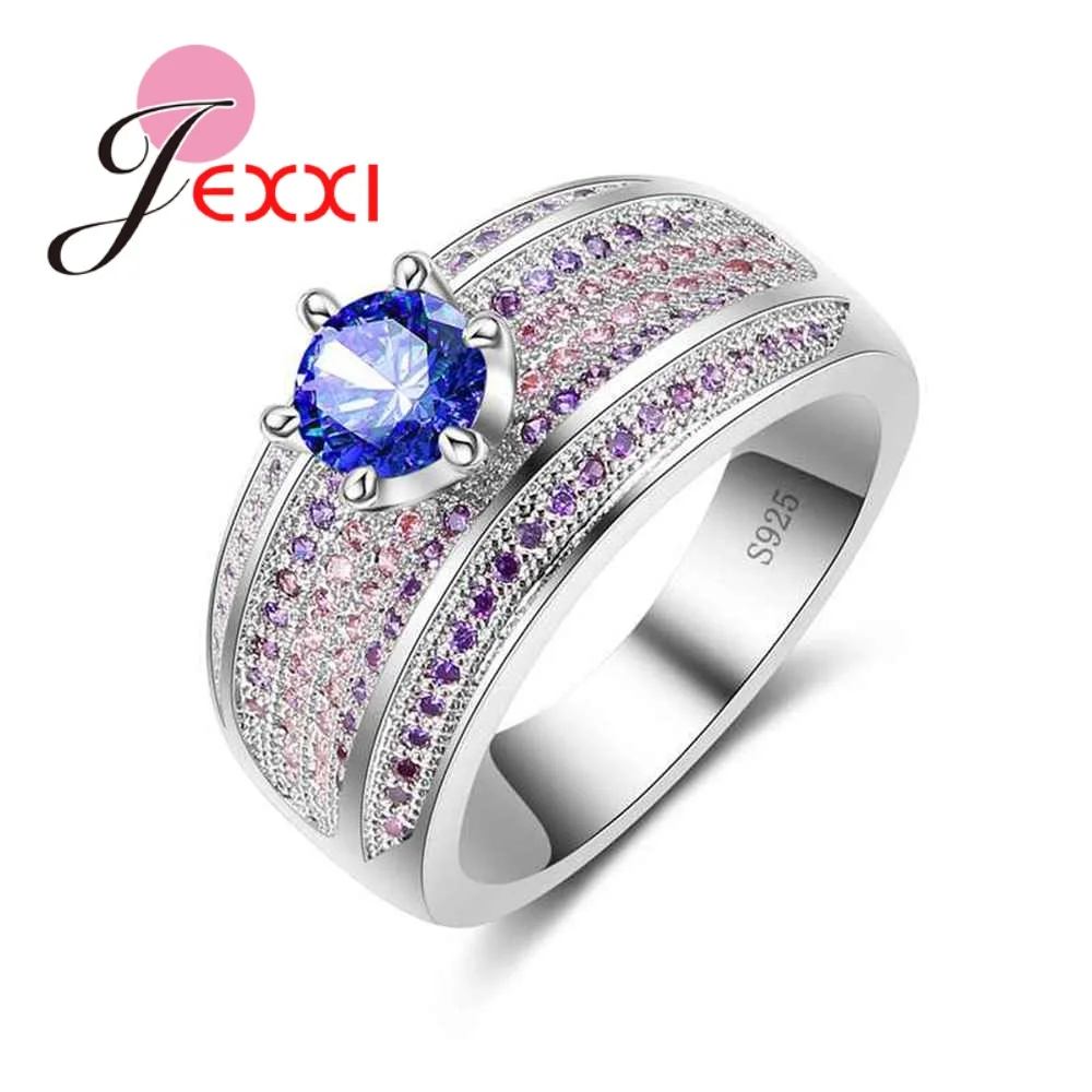 3 Row Crystal Wide Ring Mosaic Blue Round Zircon Stone Gorgeous Colorful Jewelry Hot 925 Sterling Silver Needle Women Bijoux