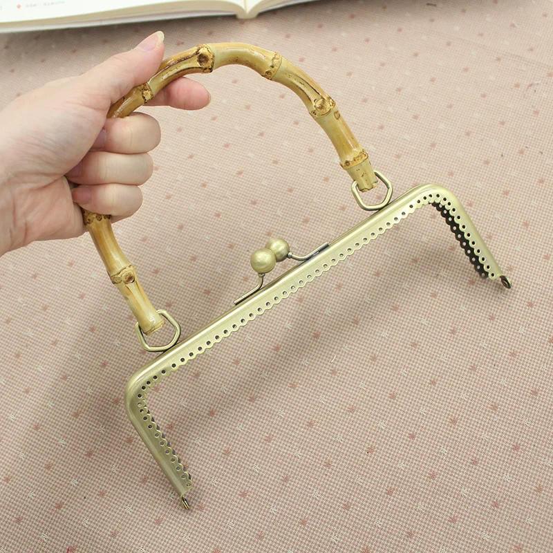 Vintage 5Pcs/lot 20.5cm Bamboo Handle Knurling Metal Opening Bags DIY Sewing Bag Accessories Purse Frame Mouth Gold Kiss Clasp