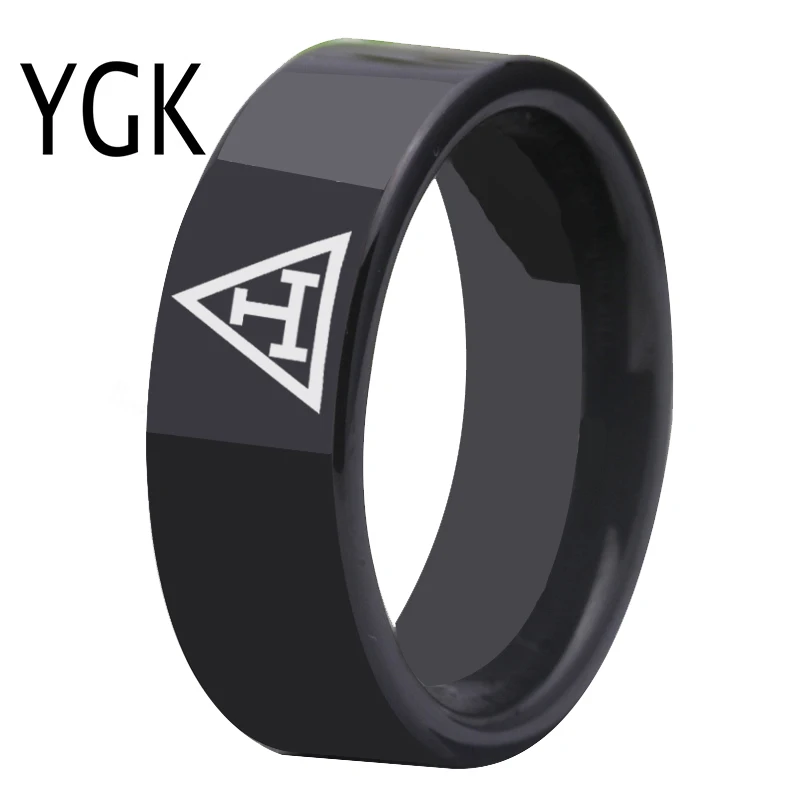 YGK Wedding Jewelry Black Pipe Masonic Ring Freemason Tungsten Rings for Men's Bridegroom Wedding Engagement Anniversary Ring