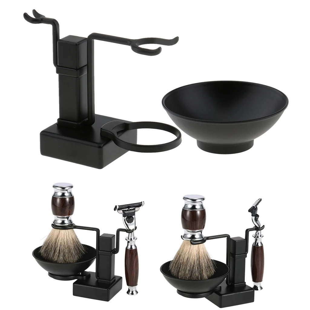 High Quality Bathroom Barber Men Metal Shaving Rack Stand Set - Shave Brush Holder Shelf + Soap Mug Cup Bowl Black