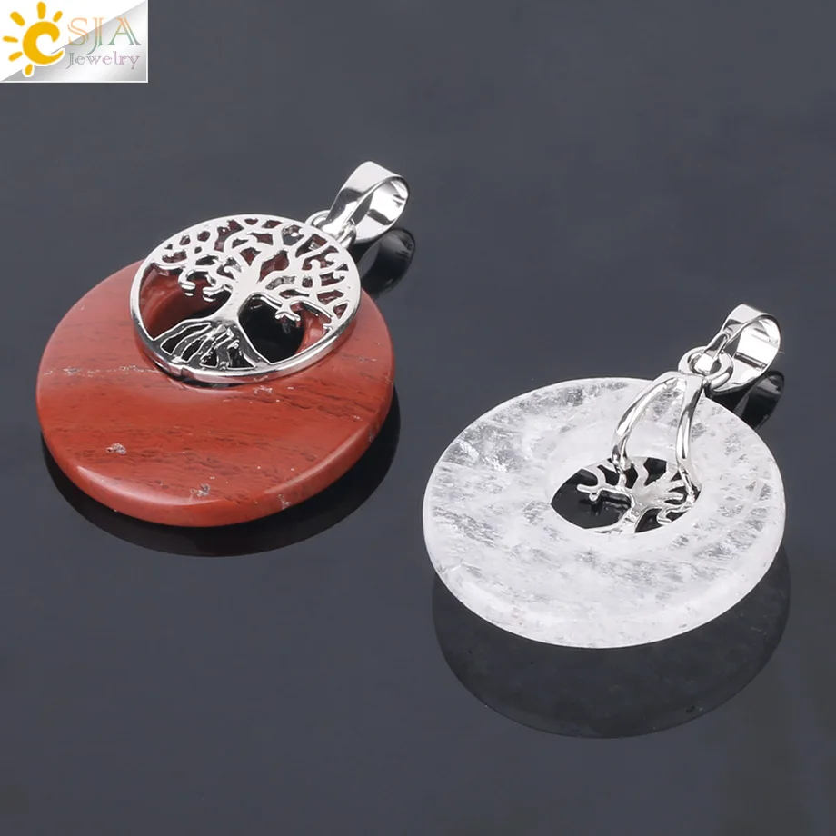 CSJA Natural Stone Tree of Life Charm Pendant Round Hollow Donut Reiki Silver Color Pendants Necklace for Women Men Jewelry F951