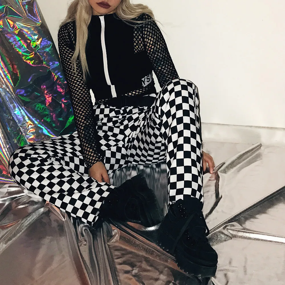 

Plus Size S-4XL Punk Plaid Straight Wide Leg Pants for Women and Men Casual Loose Long Trousers Slack Bottom Hiphop Pantalon