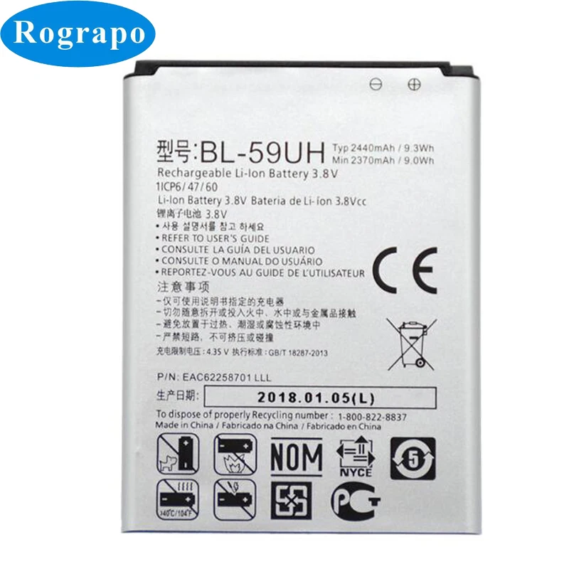 

Official 2440mAh BL-59UH Replacement Battery For LG G2mini D618 D620 D620R D620K D410 D315 F70 BL59UH Cell Mobile Phone Bateria