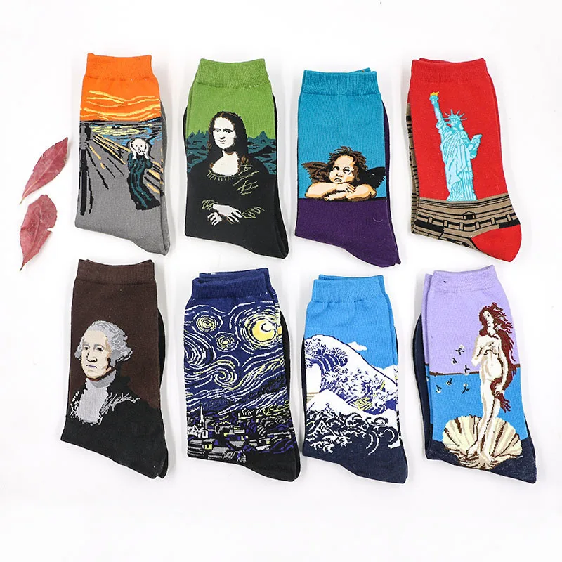 Combed Cotton Colorful Van Gogh Retro Oil Painting Men Socks cool casual Dress Funny party dress crew Socks 1pair=2pcs  ms01