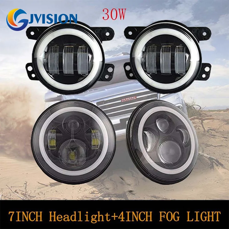 Pair JK Wrangler 7 Inch Round Led Headlight Hi/Lo Halo Angel Eyes + 2 x 4'' 30W LED Fog Lights Lamp White Runing Lights For Jeep