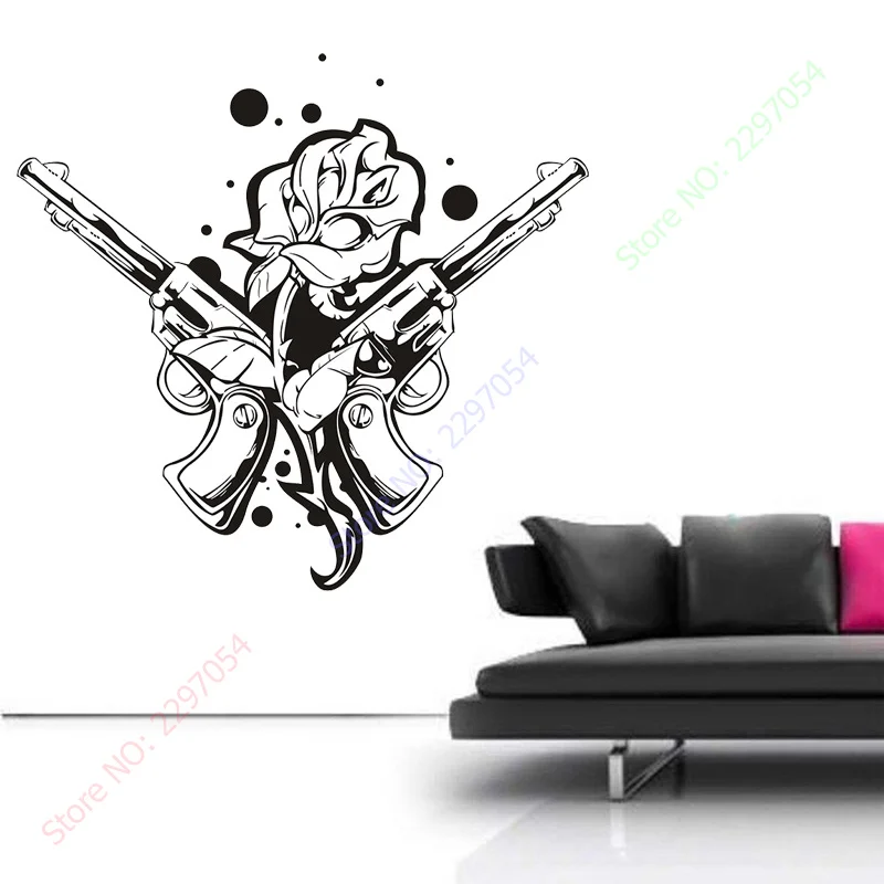 Rose and Guns Tattoo Living Room Vinyl Carving Wall Decal Sticker for Room Home Window Decoration