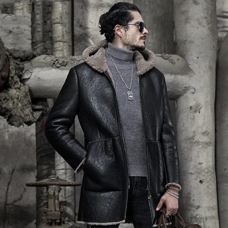 

Hooded Sheepskin Shearling Jacket Long Style Handsome Motorcycle Jacket B3 B7 With Fur Jacket