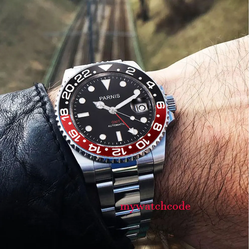 40mm Parnis mechaniczne zegarki czarny czerwony ceramiczny Bezel czarna tarcza GMT szafirowe szkło automatyczny męski zegarek Relogio Masculino