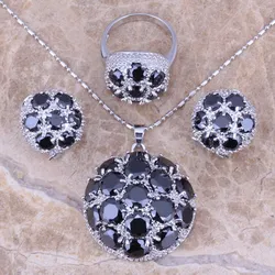 Black Cubic Zirconia Silver Plated Jewelry Sets Earrings Pendant Ring Size 6 / 7 / 8 / 9 / 10 / 11 / 12 S0025