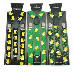 Men Women Suspenders For Trousers Pants Holder Brand design Mix Yellow Beer Glass Cup Green Leaf Braces Strap 3 Clips Elastic
