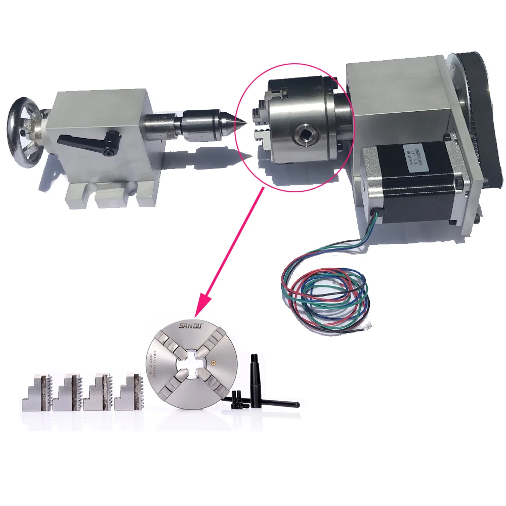 

CNC 4th Rotary Axis K12 4Jaw 80mm/3.15" Lathe Chuck Nema 23 Stepper Motor Dividing Head+Tailstock for Woodworking Carving