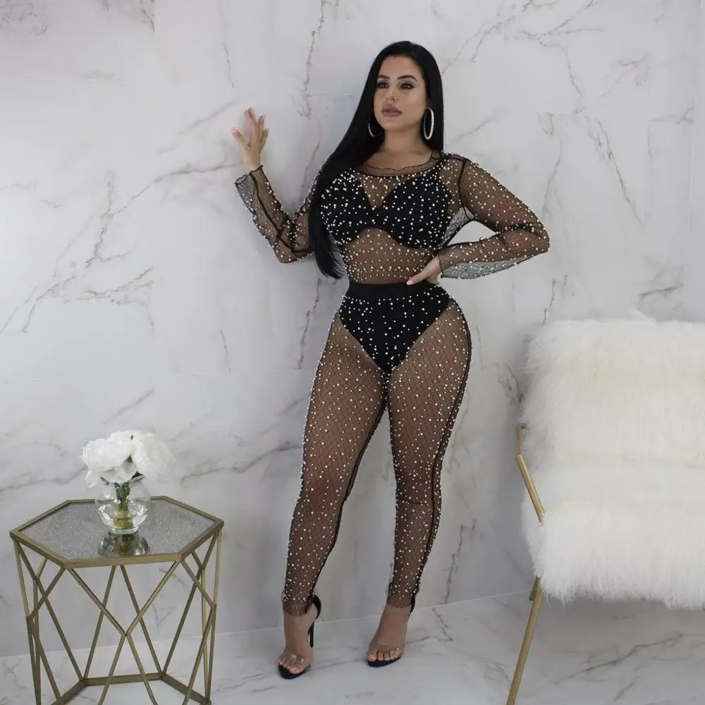 BKLD Lưới Sheer Body Rompers Nữ Jumpsuit Dài Tay Chiếu Trúc Hạt Xem Qua Clubwear Đảng Ôm Body Áo Liền Quần Mùa Hè 2019