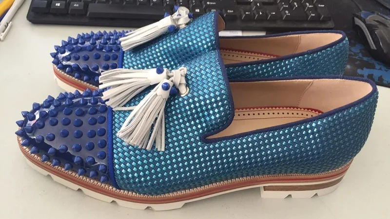 SHOOEGLE Men Blue Patchwork Tassel Shoes Spikes Studded Lowtop Slip on Mixed Color Loafers Anti-skid Men Casual Shoes Size 38-47