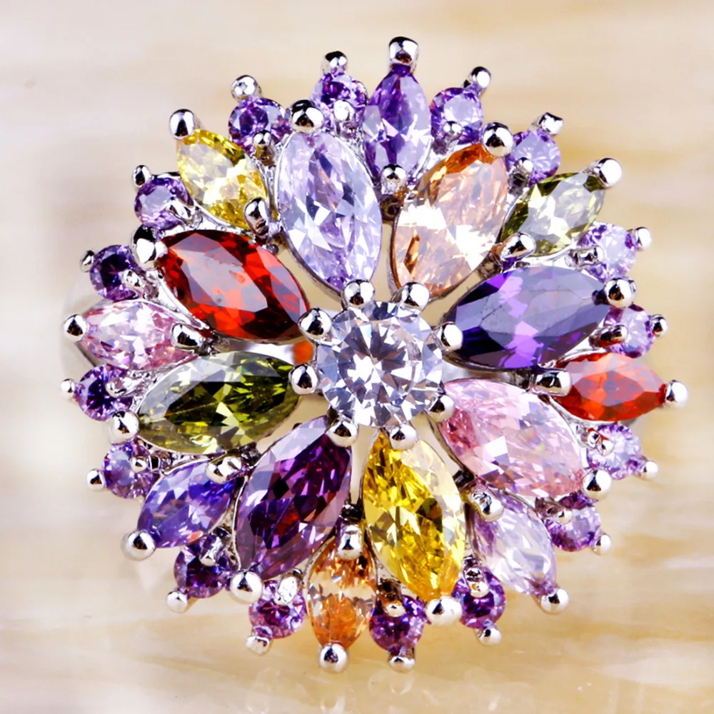 Wholesale Cluster Peridot Red Purple Cubic Zircon 925 Sterling Silver Ring Size 6 7 8 9 10 11 12 13 Women Jewelry Flower Wedding