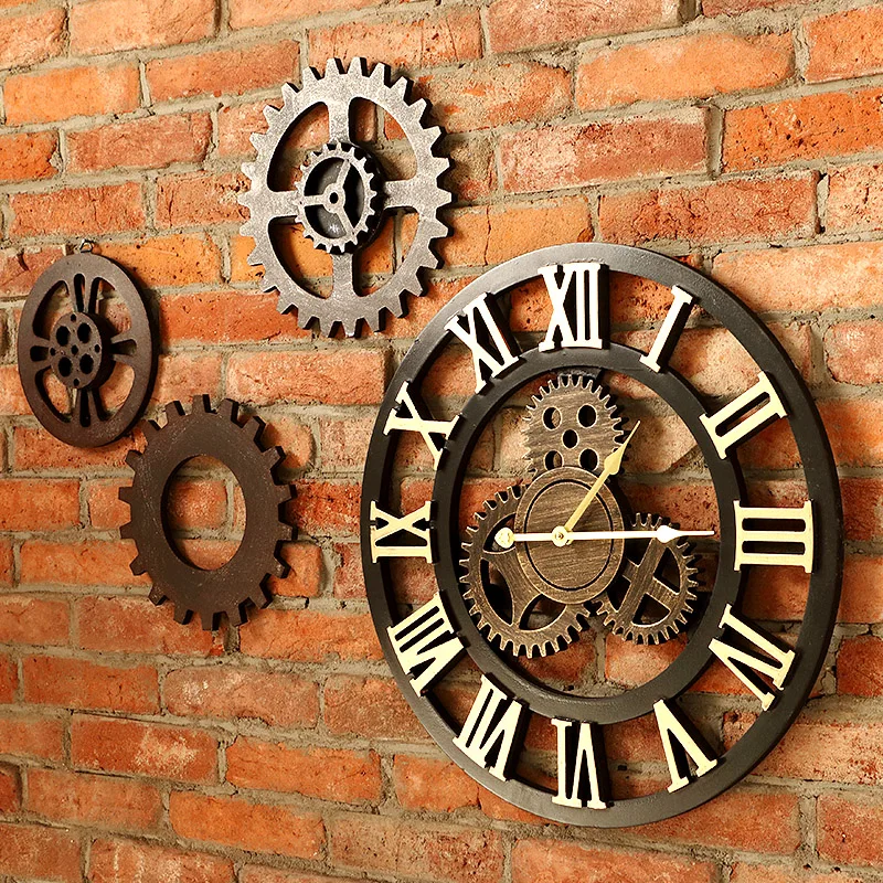 40cm/45cm Handmade 3D Retro Decorative Luxury Art Big Gear Wooden Vintage Large Wall Clock On The Wall