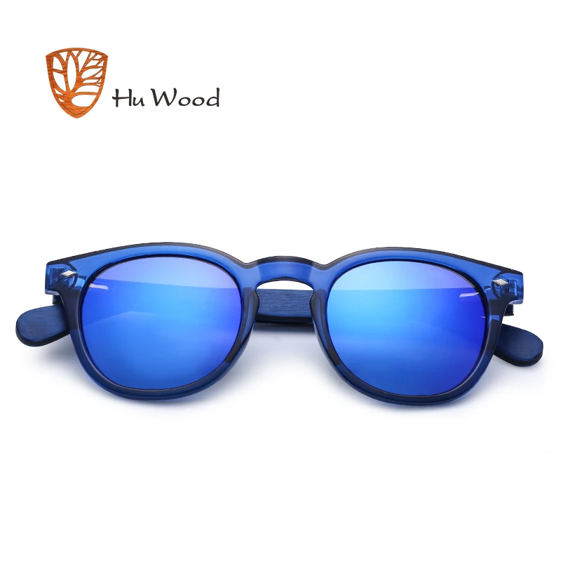 HU WOOD Wooden Sunglasses Women Plastic Frame Fashion Shades Fashion Blue Mirror Sun Glasses For Men Round Sunglass GR8017
