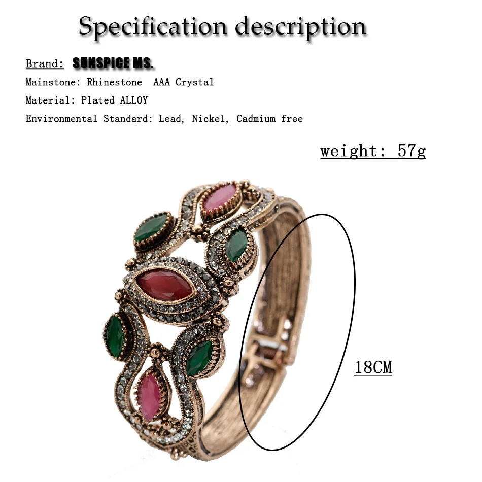SUNSPICE MS Retro Vintage Turkish Women Charm Bangle Bracelet Antique Gold Color Broadside Cuff BOHO Ethnic Wedding Jewerly Gift