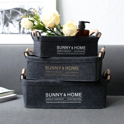 

Nordic Wind Felt Wooden Handle Storage Basket Sundries Storage Box Left Finishing Box Makeup Storage Box