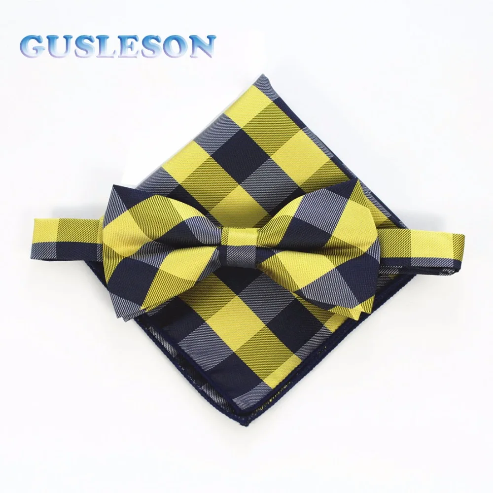 

GUSLESON Fashion Men's Bowtie And Pocket Squares Set Man Bow Tie Handkerchief Set For Wedding Vintage Plaid Hanky Necktie