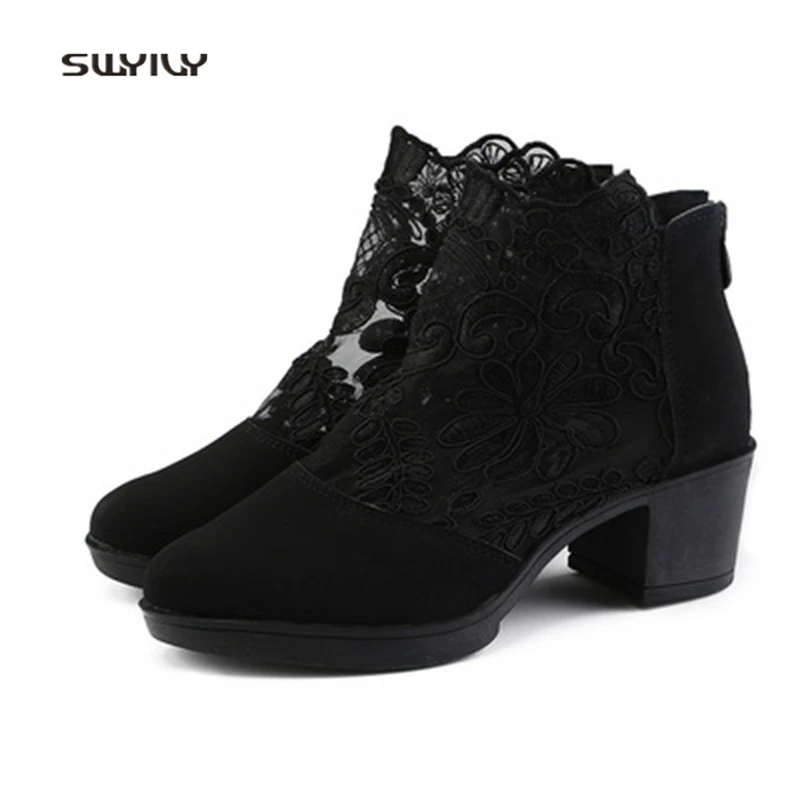 SWYIVY – chaussures de danse à talons compensés pour femme, escarpins noirs, Sexy, en dentelle, Sport, grande taille, 41, automne, 2019