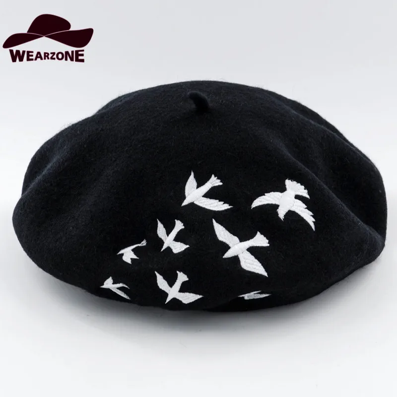 

Winter Woman Hats Berets Knitted 100% Wool Beret Soft Hats Embroidered Swallows Pattern Berets Hats Baret Warm Boina Feminina