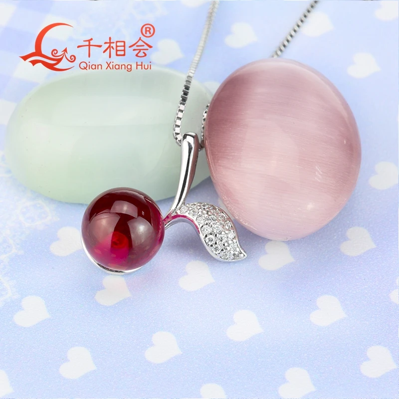 Thời Trang Anh Đào Mặt Dây Chuyền 5 # Nhân Tạo Màu Đỏ Ruby Corundum Bóng Hình 925 Màu Bạc Dây Chuyền Vòng Cổ Trang Sức