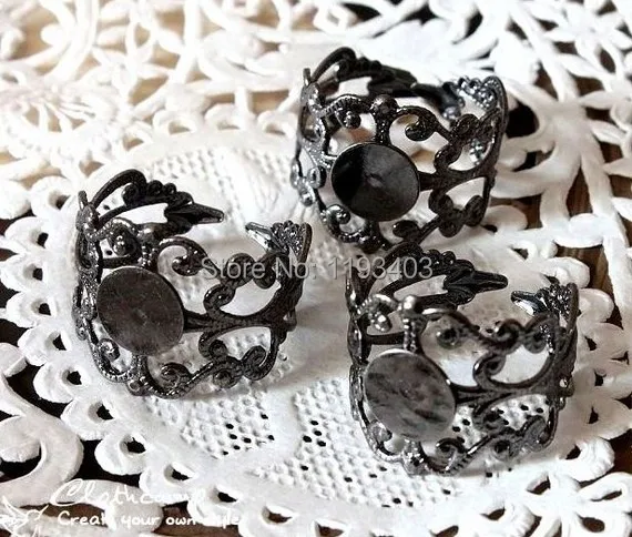 20pcs Gunmetal plated Brass Filigree Adjustable Ring Bases blank setting Rings With 8mm Pad (RINGSS-1-GU)