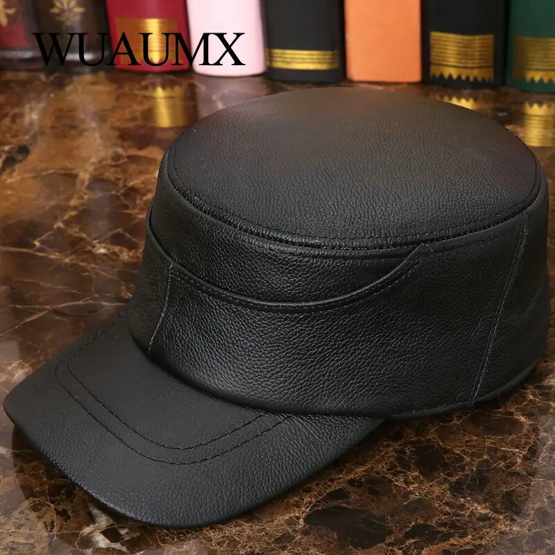 Cow Leather Military Hats For Men Winter Fall Warm Men's Genuine Leather Cowskin Hat Real Cowhide Flat Top Baseball Caps