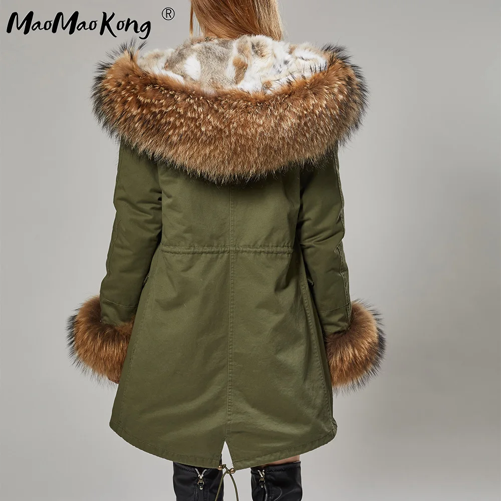 Maomaokong 2023 Winter Women Parkas Real Fur Long Coat Outwear Large Raccoon Fur Collar Thick Warm Jacket Rabbit Lining Hooded