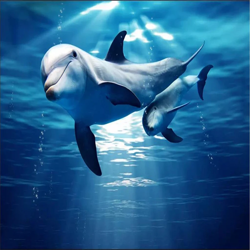 Underwater world dolphin mother and child love deep 3D sea background wall painting