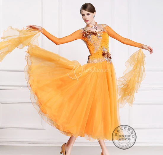 

customize rhinestone orange color long sleeve Fox trot Waltz tango salsa competition ballroom cha cha dance dress