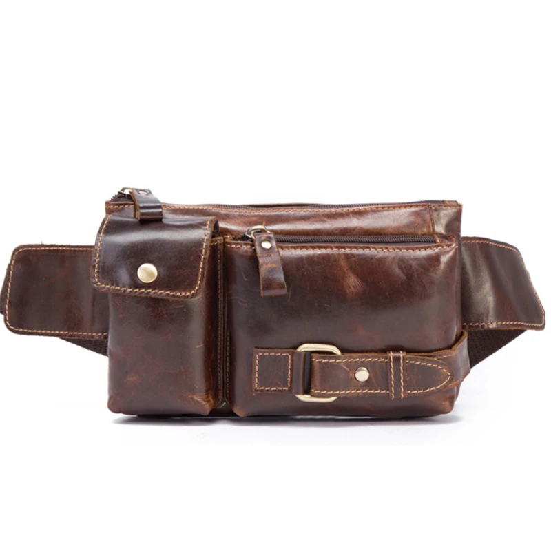 

Men Genuine Leather Hip Bum Belt Bag Cross Body Chest Messenger Bags Oil Wax Cowhide Cell Phone Purse Pouch Male Waist Pack New
