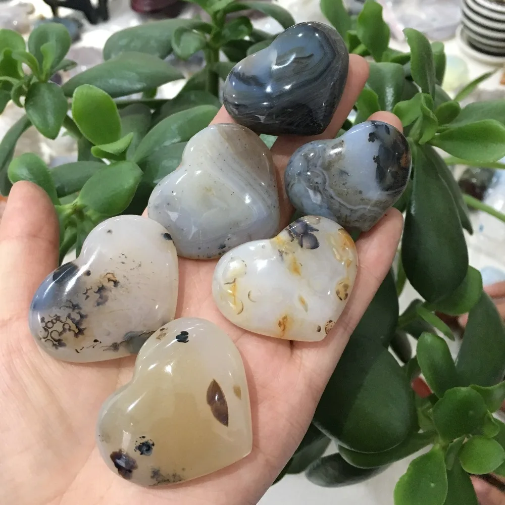 

6pcs Natural Aquatic Plants Agate Crystal Love Heart Polished Healing Home Decoration Gem Heart 180g