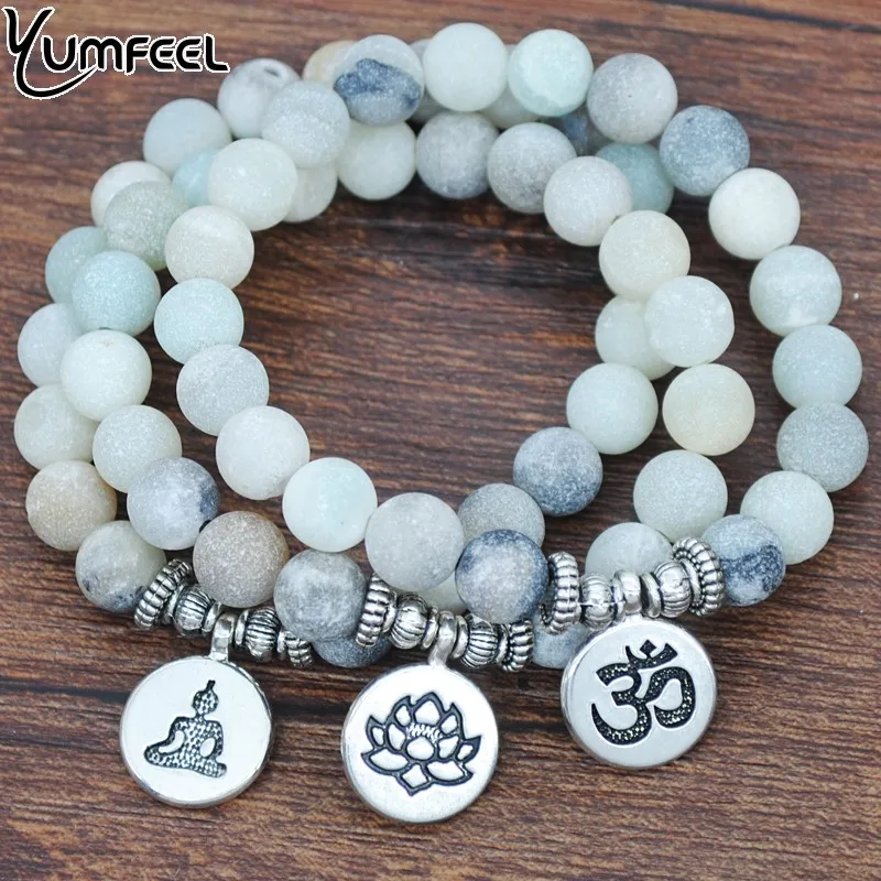 Yumfeel Natural Matte Frosted Amazonite Stone Bracelet OM Lotus Flower Buddha Charm Bracelet & Bangles Stone Jewelry