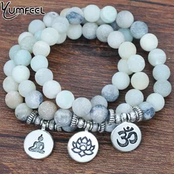 Yumfeel bracciale in pietra amazzonite smerigliata opaca naturale OM fiore di loto Buddha Charm Bracelet & Bangles gioielli in pietra