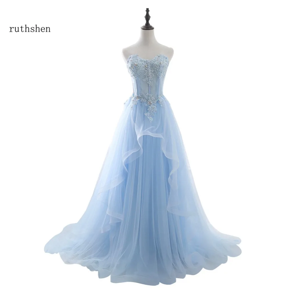 Customized Light Blue Long Evening Dresses Sweetheart Lace Appliques A Line Tulle Cheap Real Photo Vestidos De Noche In Stock