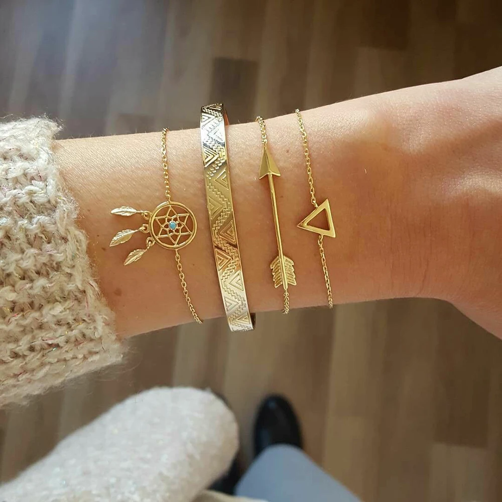 Vintage Geometric Six-pointed Star Feather Arrow Adjustable Bracelet Set For Women Boho Gold-plate Bracelets & Bangles Jewelry