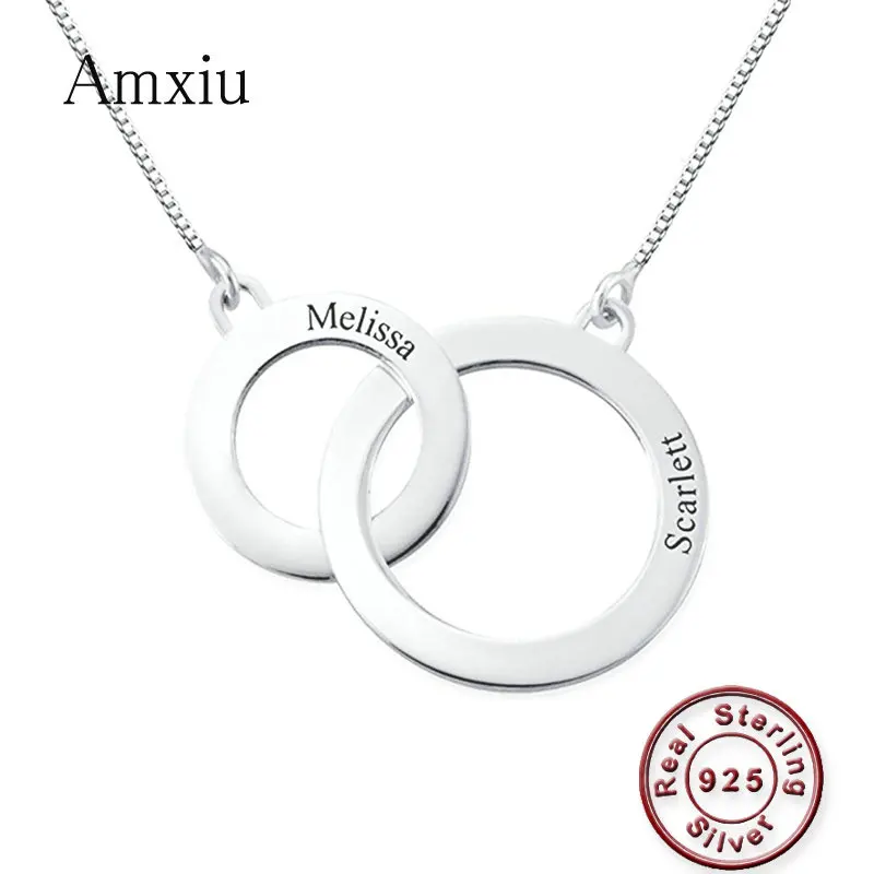 Amxiu Customized Two Names 925 Sterling Silver Necklace Personalized Circles Necklace Jewelry For Women Lovers Birthday Gifts