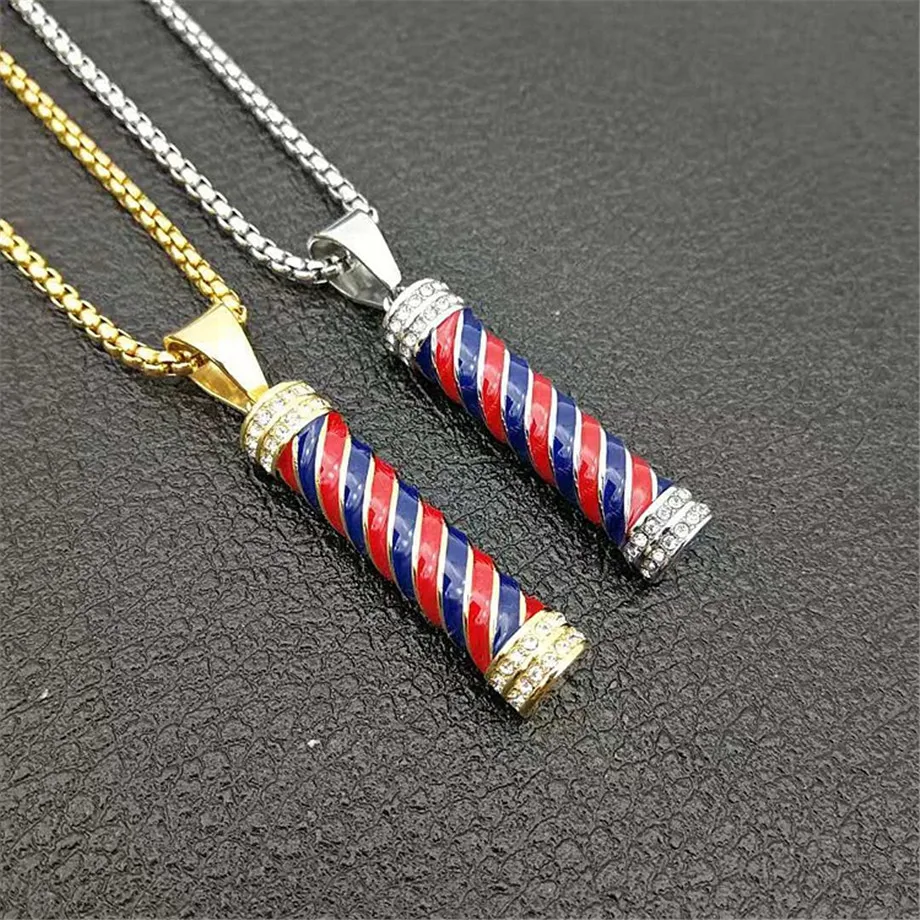 

Iced Out Barber Pole Necklace & Pendant With Stainless Steel Chain Gold Color Bling Cubic Zircon Men's Hip hop Jewelry For Gift