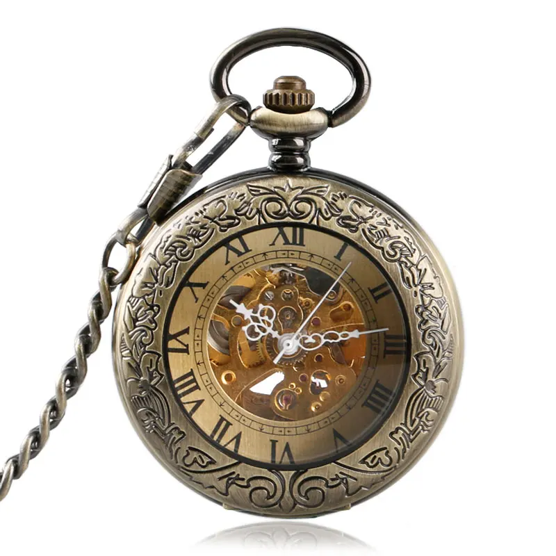 Roman Numerals Steampunk Self Wind Carving Pocket Watch Skeleton Exquisite Automatic Mechanical Bronze Pendant Gift for Nurse