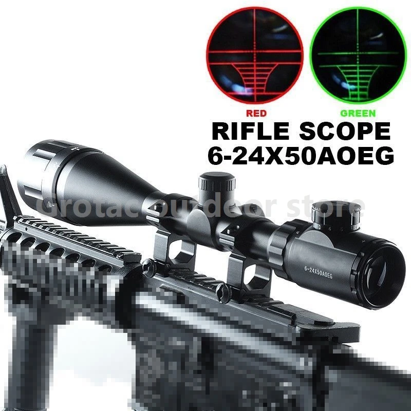 

Optics Hunting Rifle Scope 6-24x50 AOE Red & Green Illuminated Crosshair Gun Scopes Riflescopes w/ Free Mounts