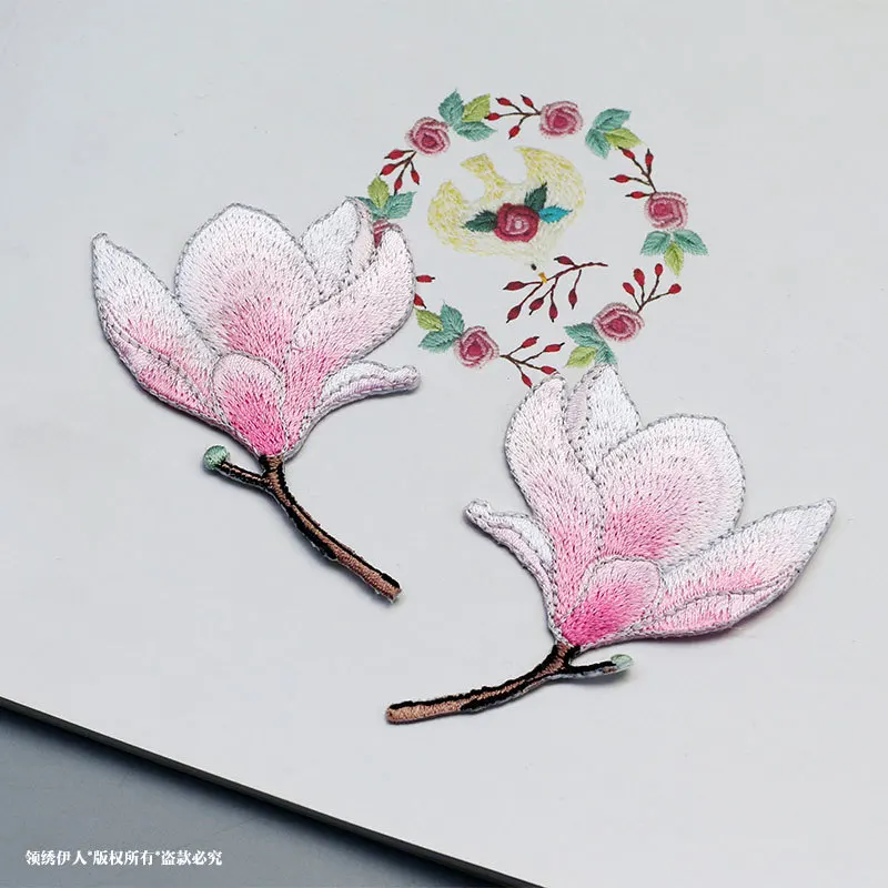 Pink Magnolia Gum Patch Decoration Wild Clothes Down Jacket Wallet Diy Embroidery Flower Sky Blue Cloth Stickers